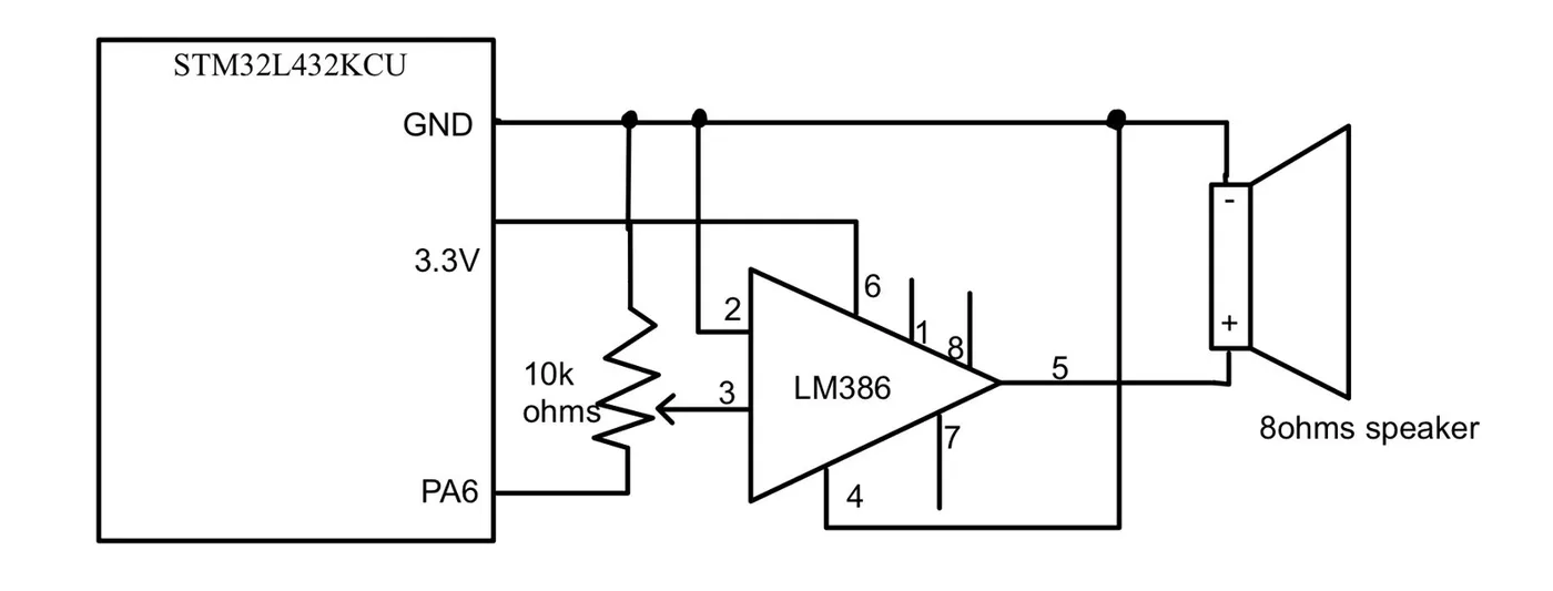Schematic of the STM32 driving an LM386 amplifier and speaker